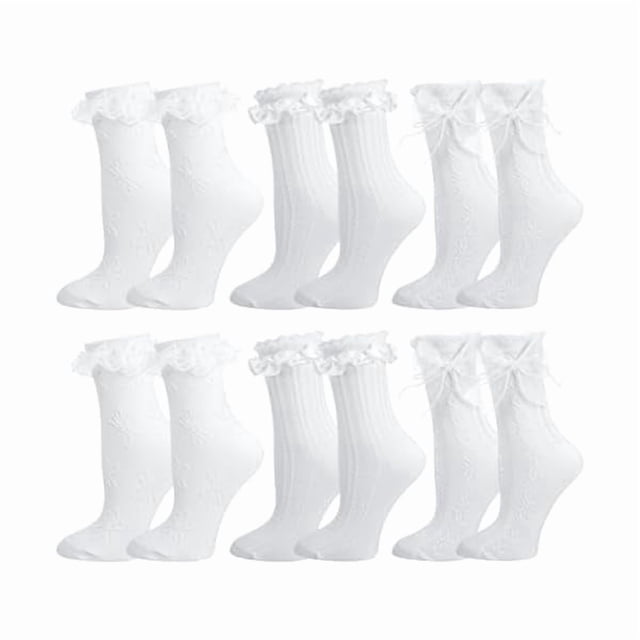 Chenchen 6 Pairs Lace Ruffle Crew Socks for Women,Cotton Cute Princess Ankle Dress Lace Socks for Women Girls
