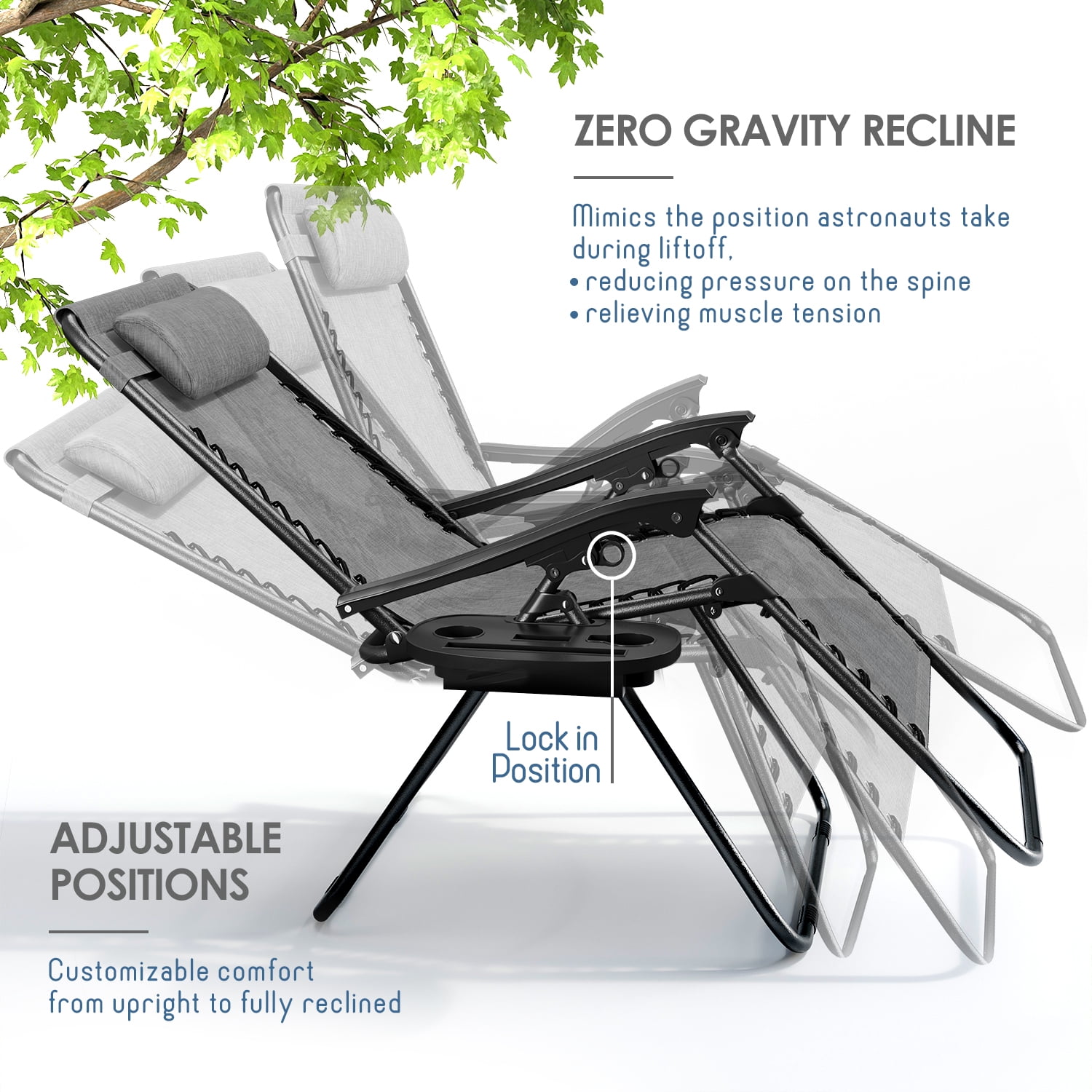 LammaLoe Zero Gravity Chair Set of 2, Outdoor Lounge Chairs with Cup Holder, Gray