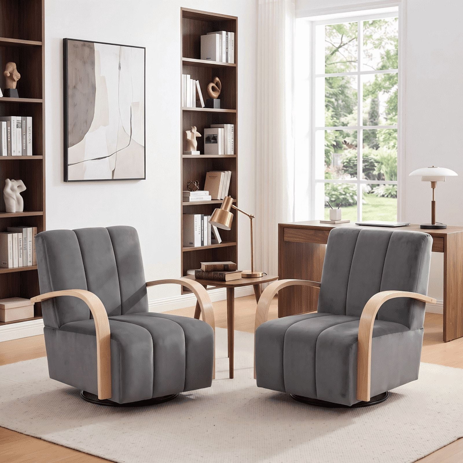Gewnee Accent Chair, 360°Swivel Upholstered Reading Chair,Modern Armchair for Living Room, Bedroom & Home Office, Gray(Velvet)
