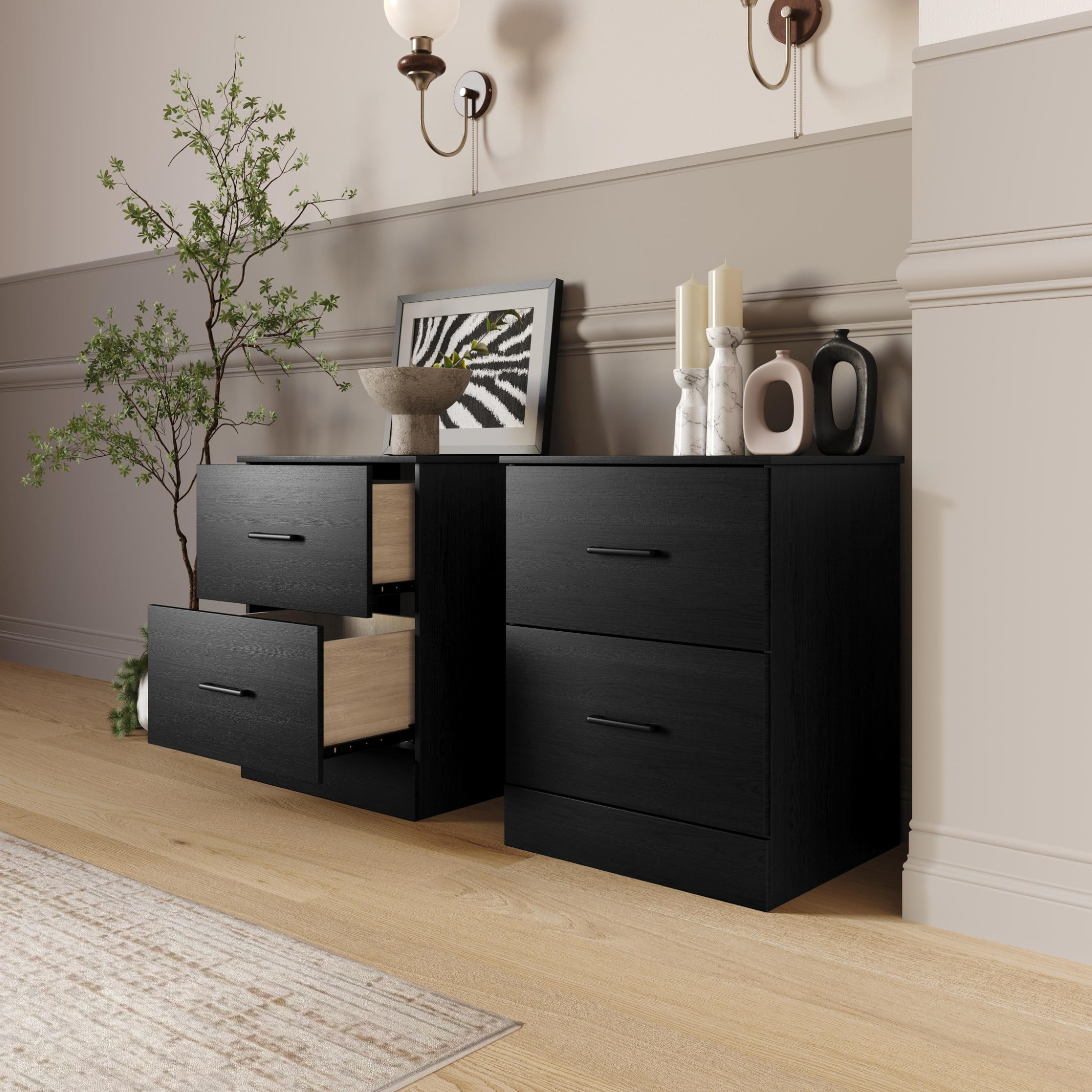 Home Design Meriden Nightstand with 2 Storage Drawers and Wood-Look Finish, Space-Saving Design, Black (Set of 2)