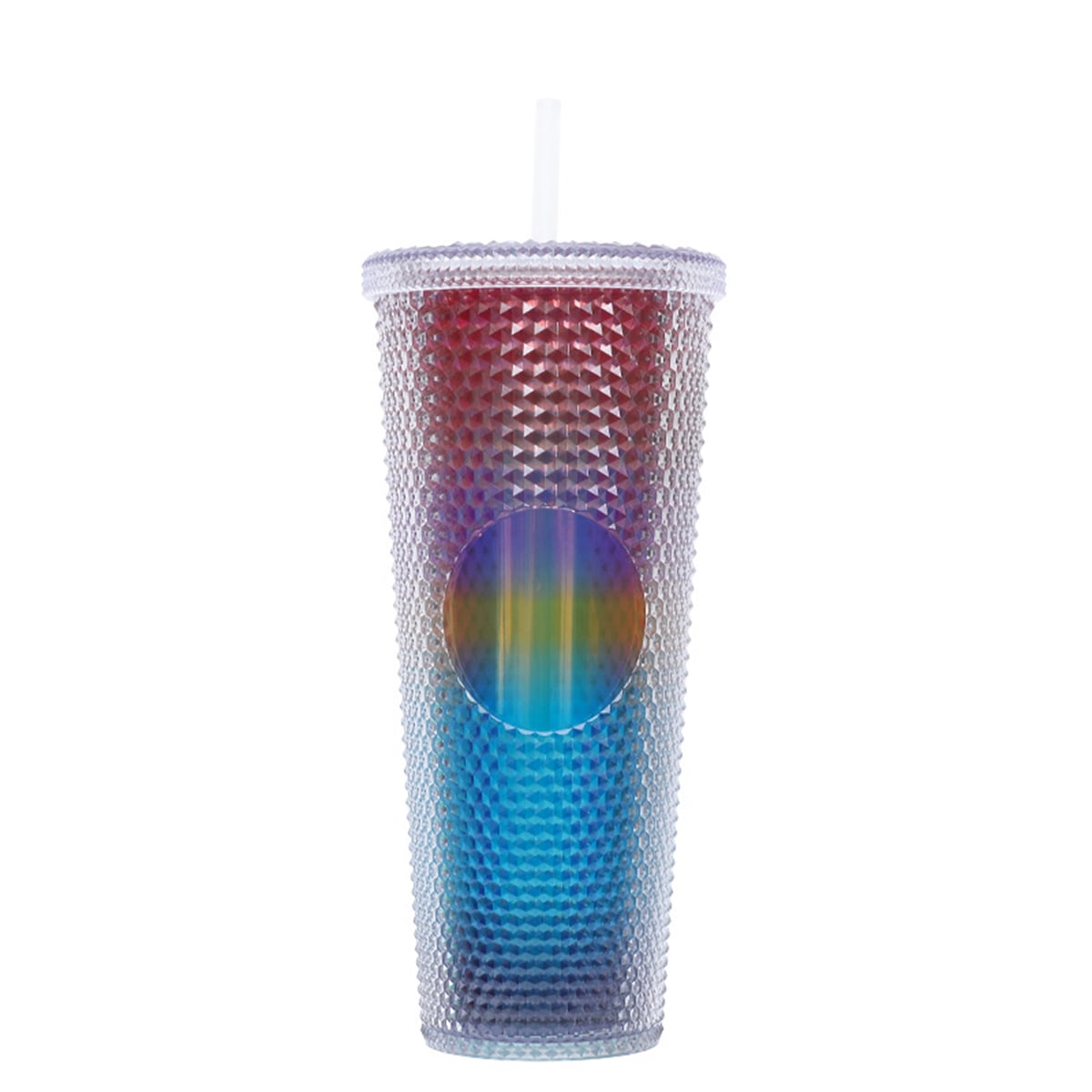 IMMEKEY Studded Tumbler with Straw, Double Walled Iridescent Travel