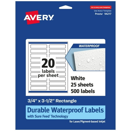 UPC: 0194793908800 | Avery Durable Waterproof Rectangle Labels with Sure Feed  .75  x 3.5   500 Oil and Tear-Resistant Waterproof Labels  Print-to-the-Edge  Laser/Pigment-Based Inkjet Printable Labels