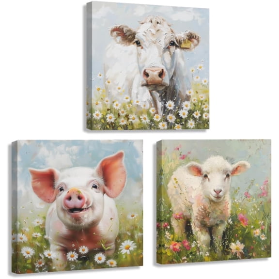 ZHONGYUTONG Farm Animal Wall Art 3 Piece Wall Decor Animals In Wildflowers Pictures Cute Lamb Pig Cow Painting Canvas Prints Kid Room Home Decor Framed (10.00" x 10.00" x 3PCS)