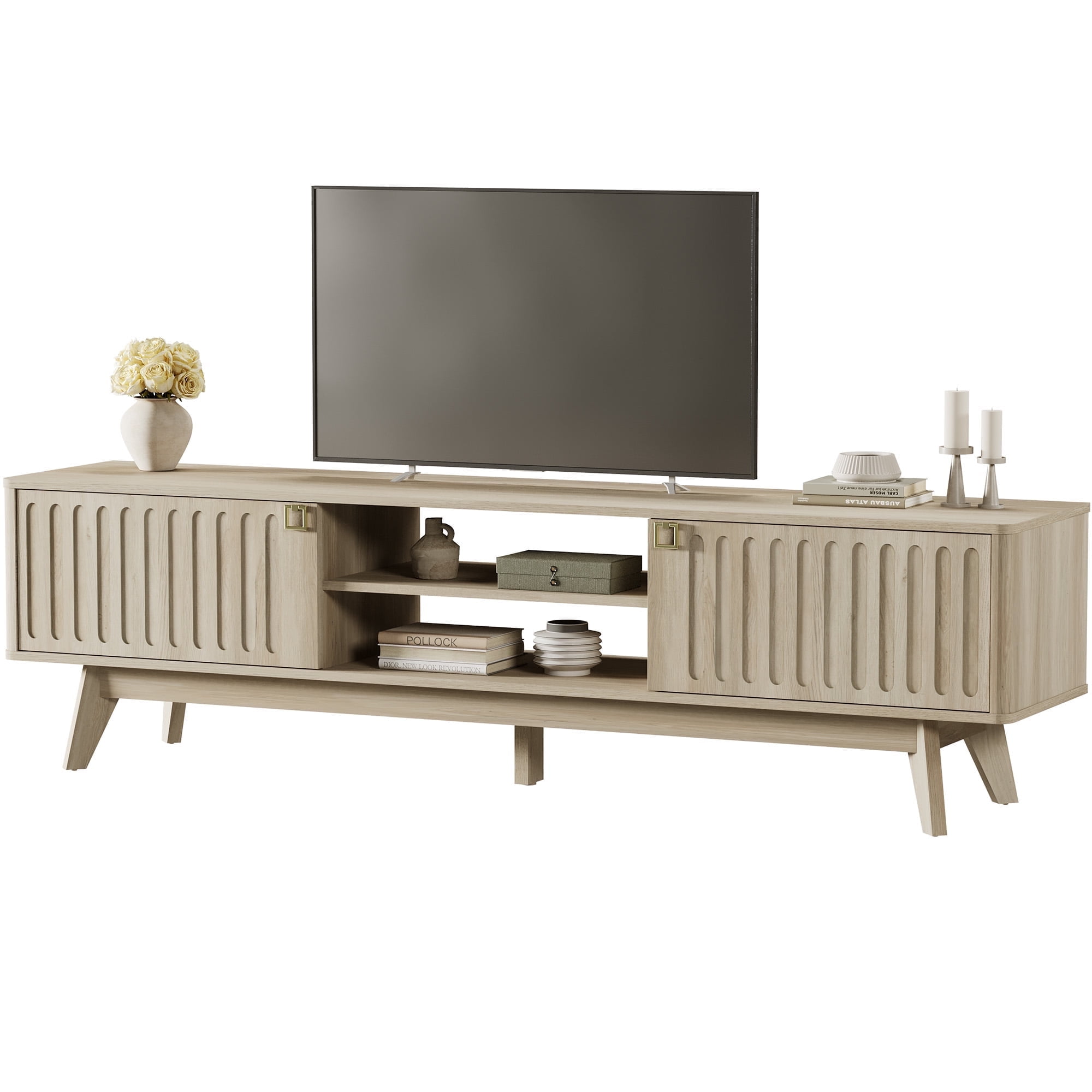 SICOTAS 70.1" Extra Long Modern TV Stand, Minimalist Console Table with 2 Fluted Doors, 3-Tier Storage Shelves, Long Entertainment Center for Living Room, Rustic Oak