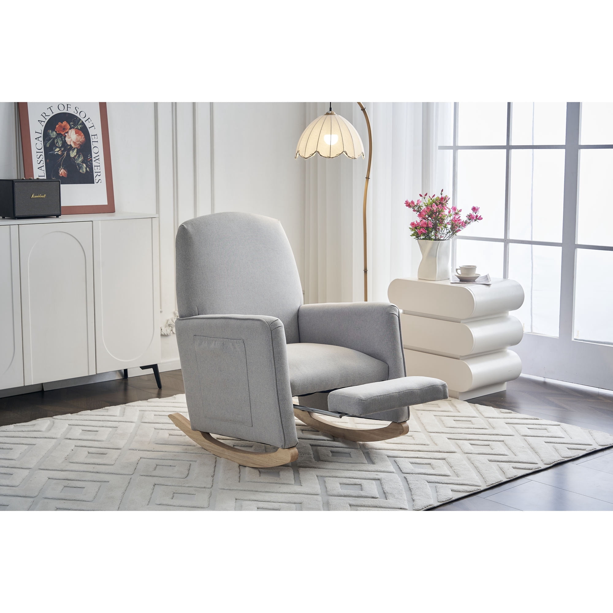 Leumius Nursery Rocking Chair,Cotton Linen Upholstered Glider Rocker Chair with Adjustable Footrest,Comfortable Rocker Recliner with Side Pocket for Living Room, Bedroom, Nursing Room,Light Gray
