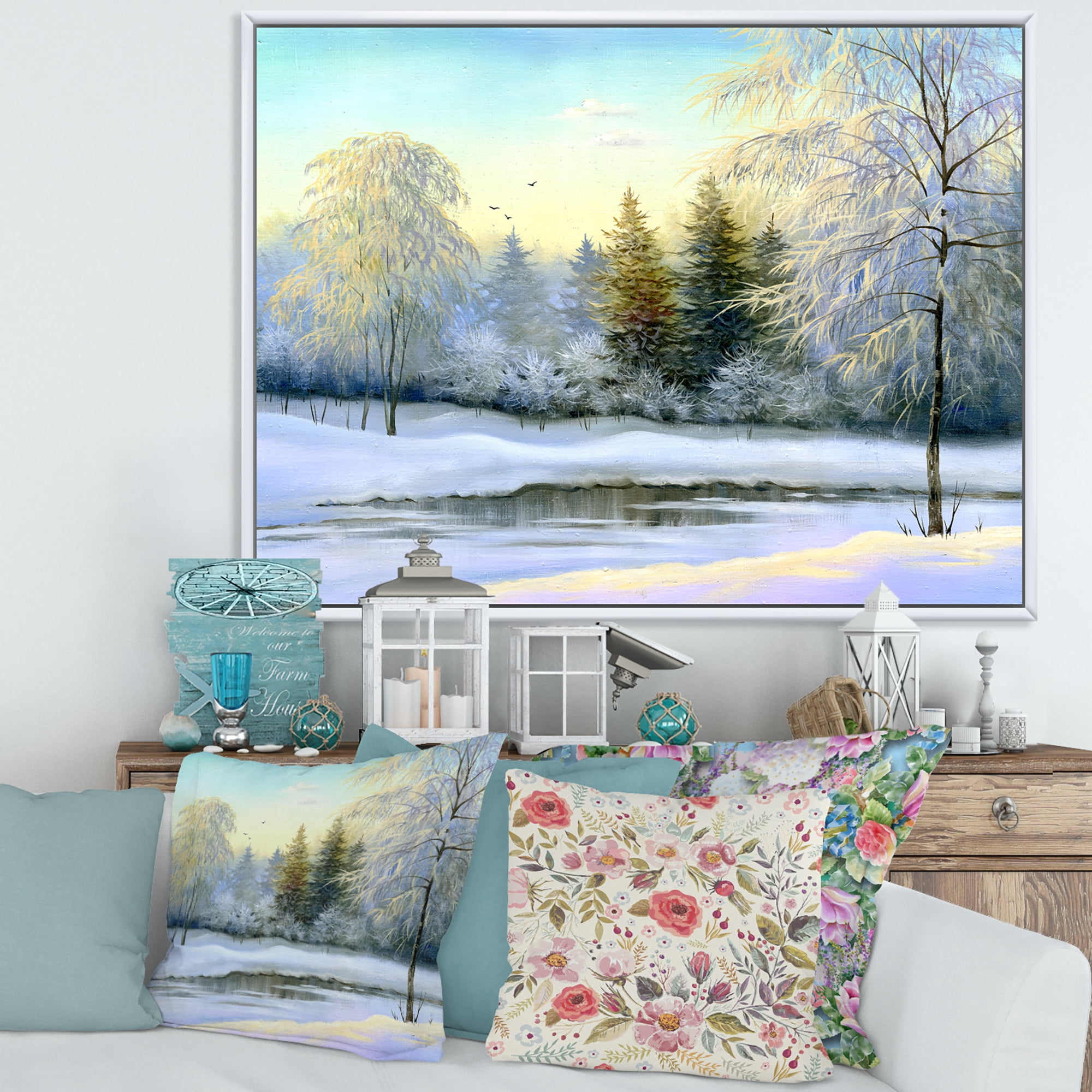 Designart 'Green Trees In Beautiful Winter Snow Landscape' Traditional Framed Canvas Wall Art Print