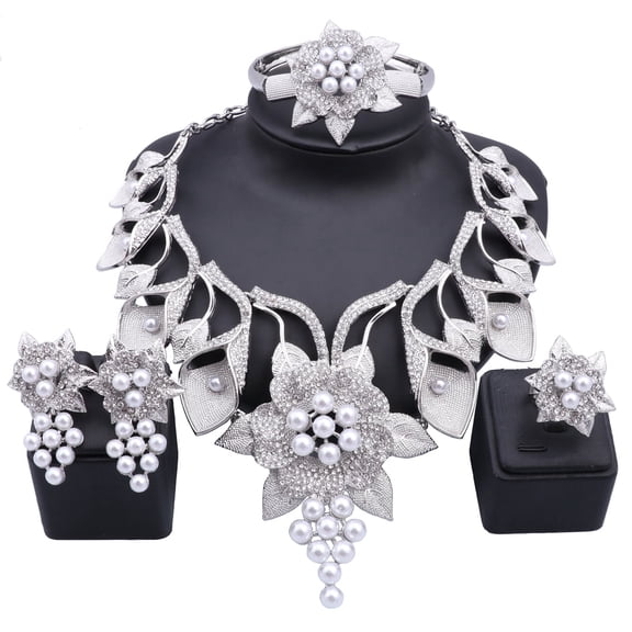 Women's Crystal Dubai Gold Color Imitation Pearl Necklace Earrings Bangle Ring Party Wedding Accessories Jewelry Set