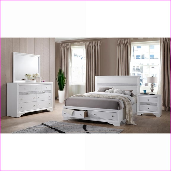 Bedroom Furniture Set, Traditional Queen 4-Pc with Storage, Engineered Wood White | White | Wood