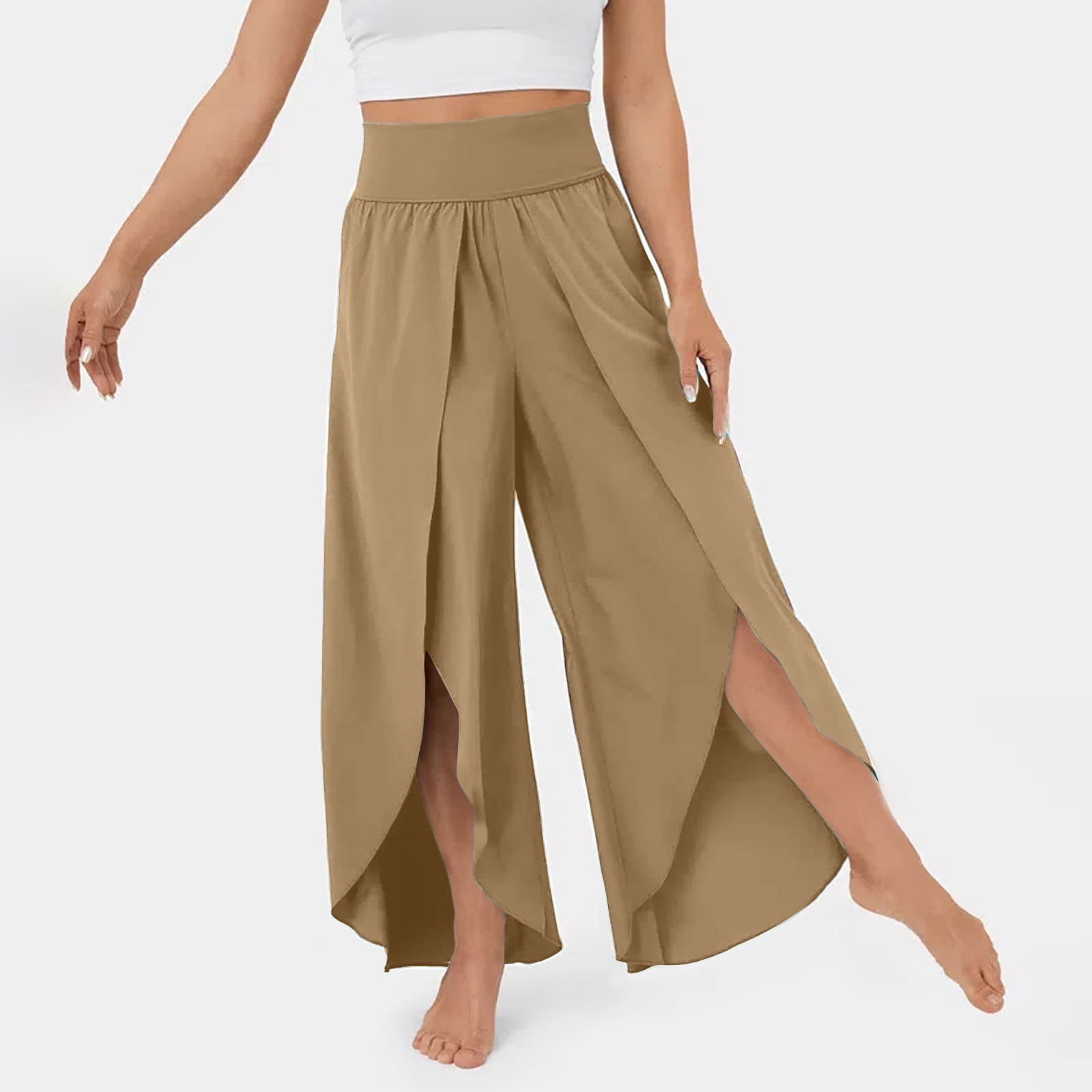Pastel Khaki Beige Double Layered Linen Palazzo Pants | Beige |  Split-Skirts-Pants, XL-Plus, Misses, Yoga, Vacation, Beach, Solid