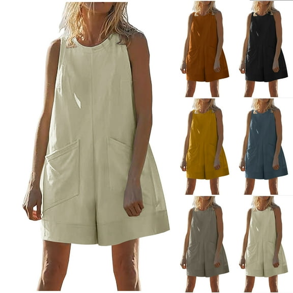 ZZwxWA Rompers for Women 2025, Dressy, Short, Casual, Cute, Petite Jumpsuits with Pockets, Summer Trends Crew Neck Solid Loose Rompers Keyhole Back Plain Wide Leg Shorts