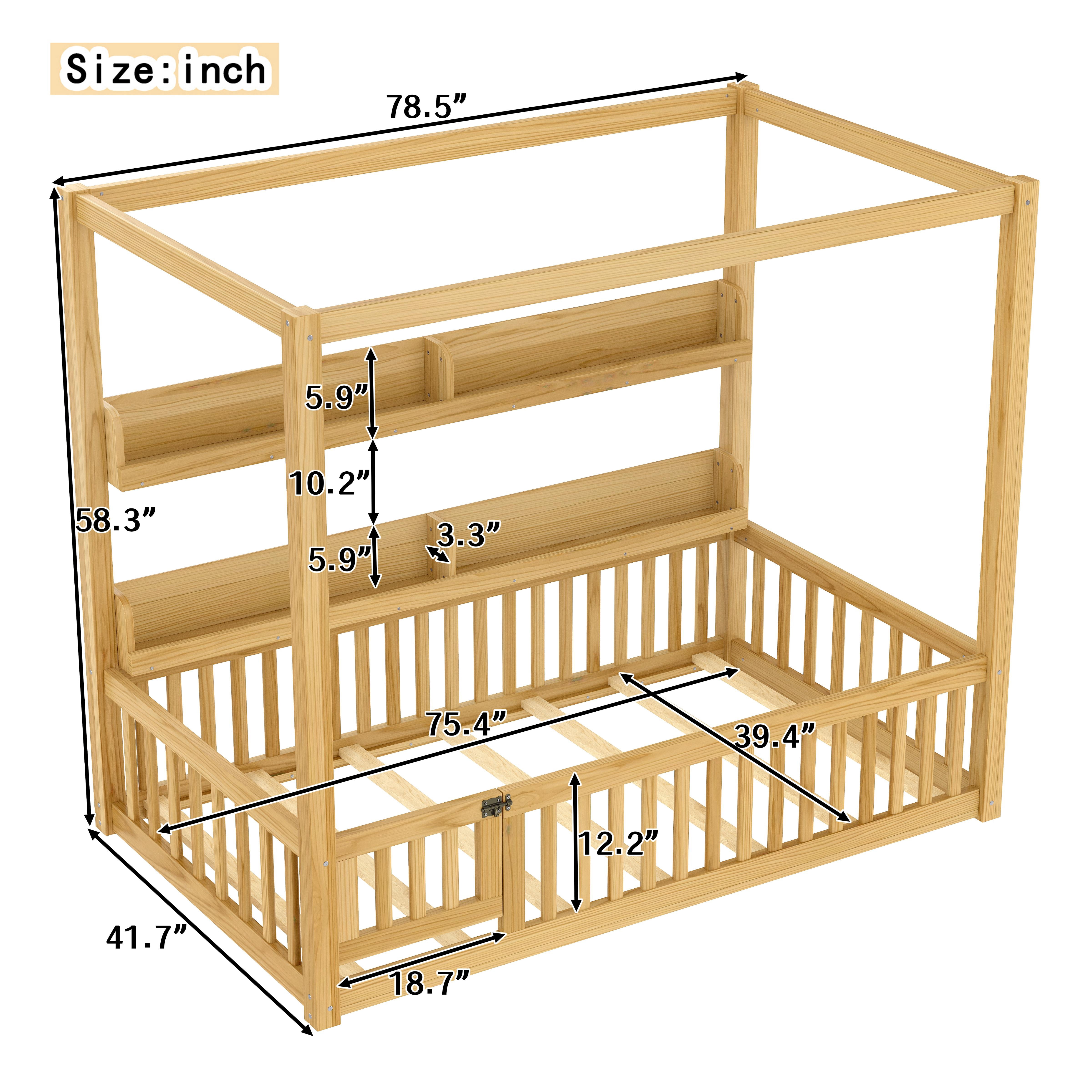 Mintazer Twin Floor Canopy Bed with 4 Shelves & Guardrails, Wood Montessori Floor Bed Frame for Kids, Boys, Girls, No Spring Box Needed, Natural