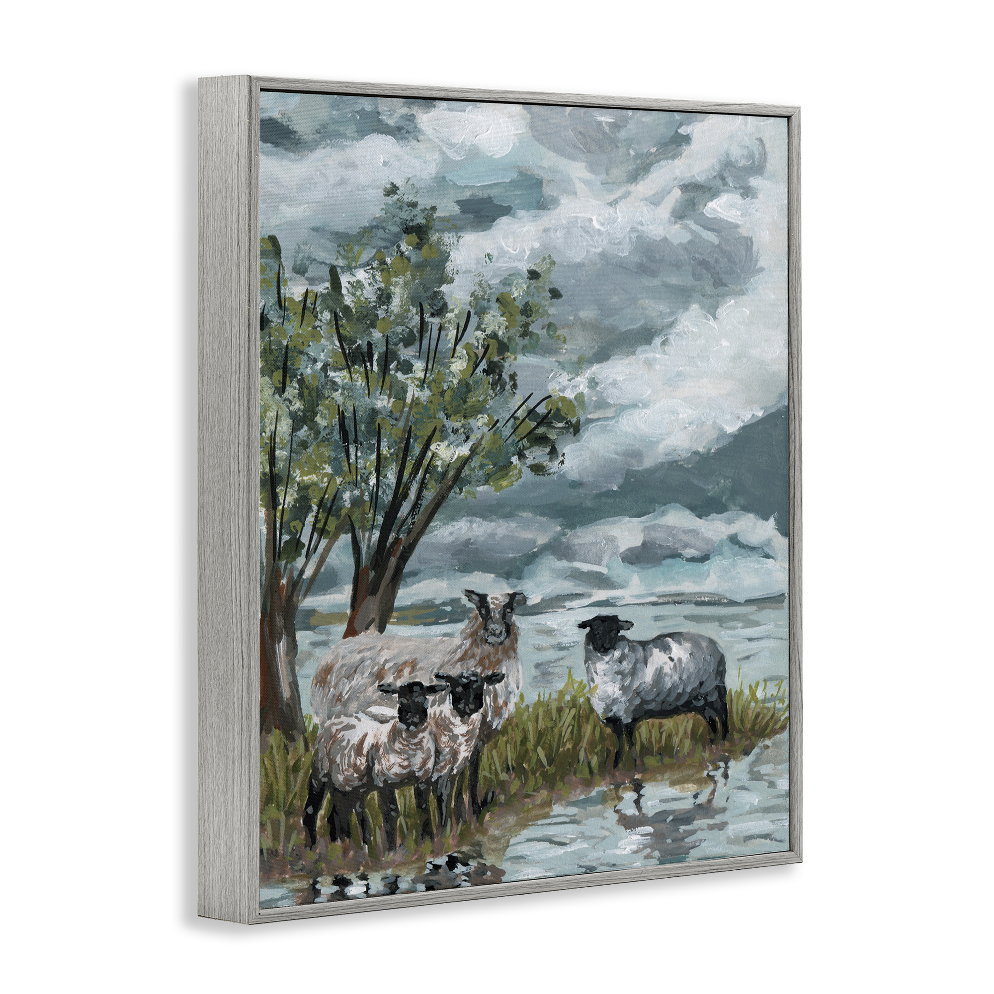 Stupell Industries Traditional Sheep View Landscape Painting Gray Framed Art Print Wall Art, 16 x 20