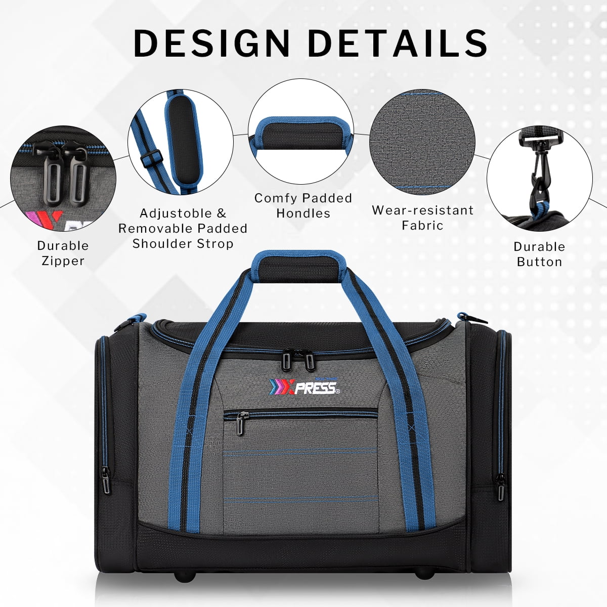 20" Travel Duffel Bag 45L Lightweight Foldable Sports Gym Bag Adjustable Strap Tear-Resistant Weekender Overnight Bag, Blue(LX298)