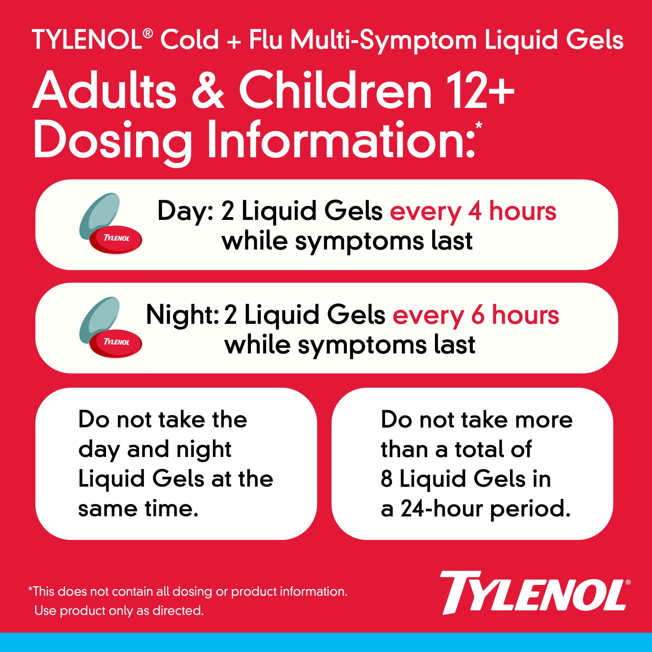 Tylenol Day & Night Cold & Flu Multi-Symptom Liquid Gels Pack, 24 Count