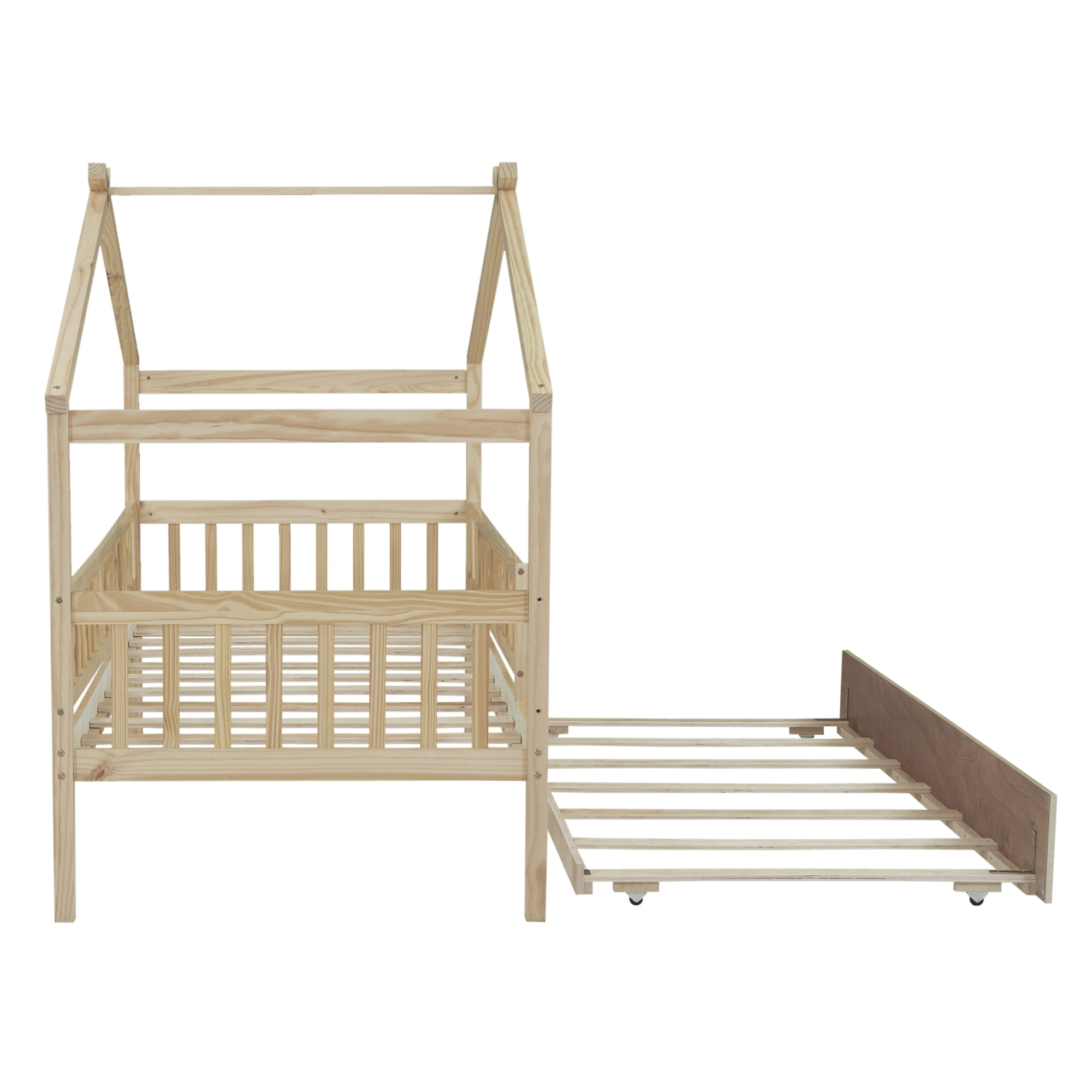 Holaki Twin Size Wood House Bed with Trundle and Guardrails for Kids, Natural