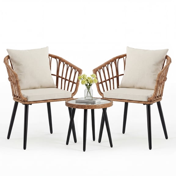 CONCETTA 3 Piece Outdoor Patio Furniture Set, Wicker Bistro Chairs with Glass Top Table for Apartment Balcony, Small Backyard, Porch and Deck, Brown