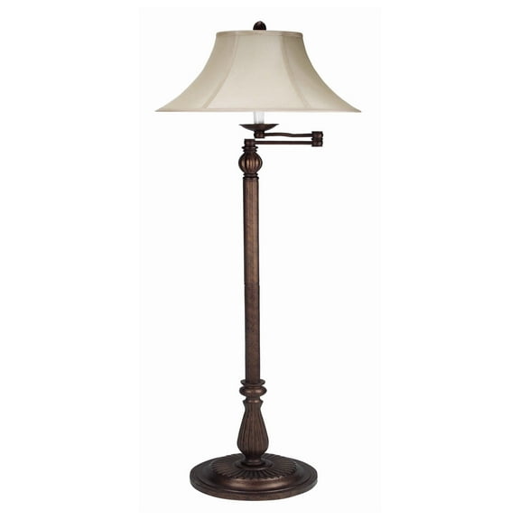 Swing Arm Metal Body Floor Lamp with Fabric Bell Shade, Bronze and Beige- Saltoro Sherpi