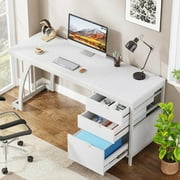 Tribesigns 59-Inch Computer Desk, Large Desk with Reversible 3-Drawer Cabinet, Industrial Writing Desk Workstation for Home Office, White