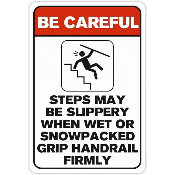 Slippery Steps Warning Sign - 8"x12" Aluminum Safety Sign, Grip Handrail, Wet/Snowy Conditions, Home Garden Signage