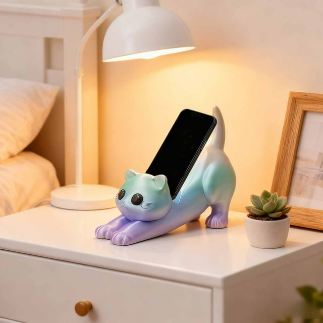 BotaniNest Cute Cat Functional Phone Stand 3D Printed Colorful Cat Figurine Phone Stand Flexible Universal Support For Smartphones & Tablets Adorable Desk