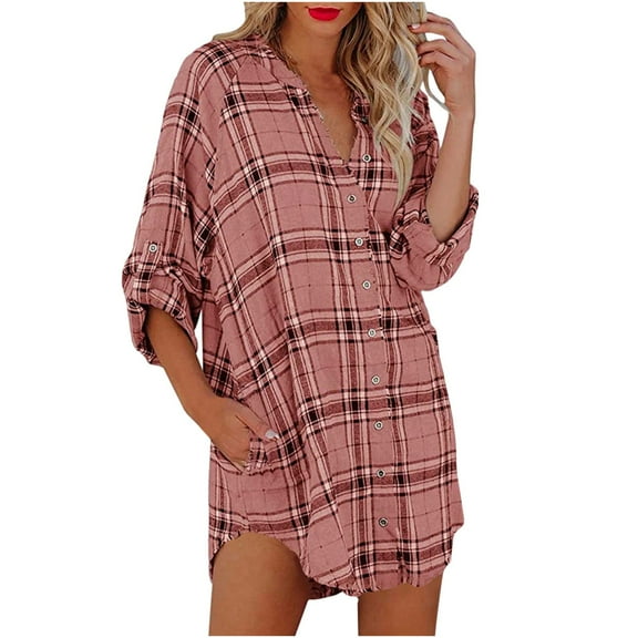 IROINNID Reduced Womens Plus Size Tops Lounge Loose V Neck Buttons Plaid Print Long Sleeve Pockets Mini Shirt Dress,Pink