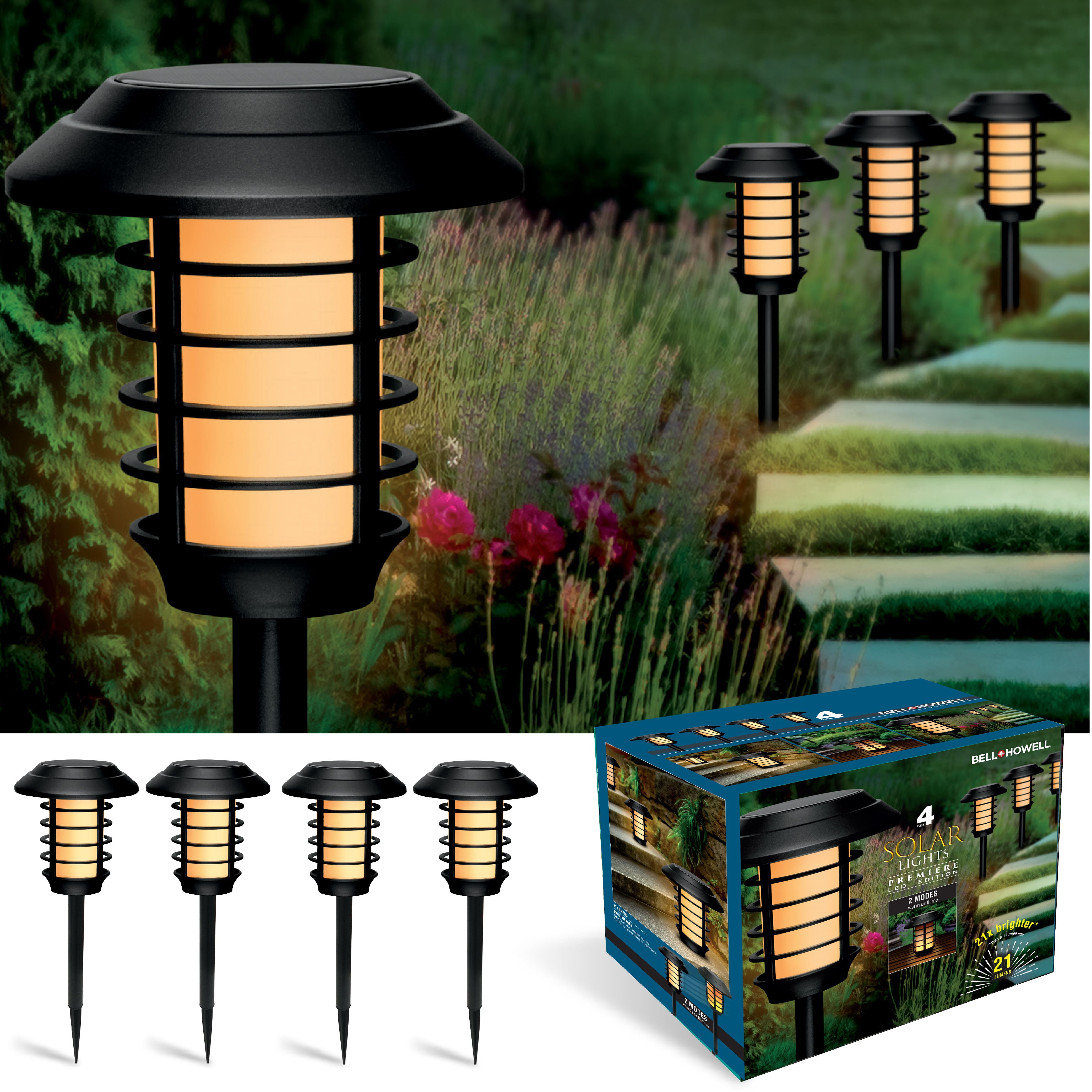 Bell + Howell Smart Solar Pathway Lights, Warm Flame Outdoor Lighting