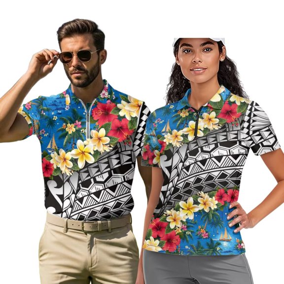 Aplkyhs Hawaiian Floral Matching Golf Shirts for Couple Quarter Zip His and Hers Golf Shirts Matching Quick Dry Golf Shirts for Men 4-Way Stretch Keep Cool in Hot Weather Fit Plain
