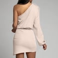 thumbnail image 6 of Uaswgudfs ​One-Shoulder Long Sleeve Formal & Casual Dress for Women​ - Asymmetrical Fitted Silky Dress with Tied Sash Waist, Summer Midi Dress for Evening Events & Parties Beige L, 6 of 9
