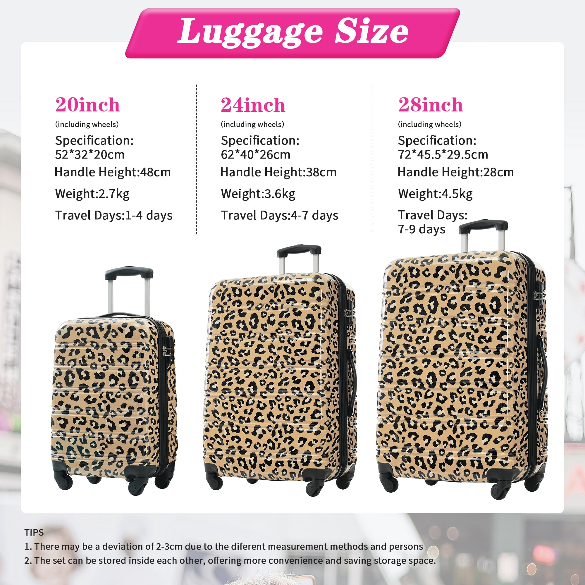 Oufan Luggage Sets of 3 with Leopard Pattern, Lightweight Travel Luggage with Spinner Wheels & TSA Lock, Carry-On & Large Checked Luggage, 20/24/28