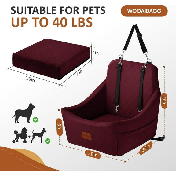 Dog Car Seat for Medium Sized Dogs Up to 40lbs,Comfy Pet Travel Car Bed with Seat Belt Channle,Fully Detachable and Washable,Adjustable Straps,2 Side Pockets,Easy to Install (Red)