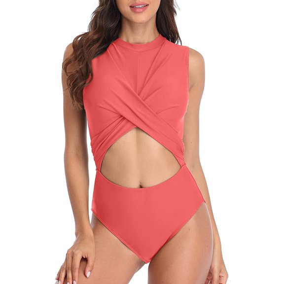ATTRACO Womens Monokini Swimsuit High Neck Criss Cross Front One Piece Swimsuit Sexy Cut Out Backless Monokinis Swimwear Bathing Suits