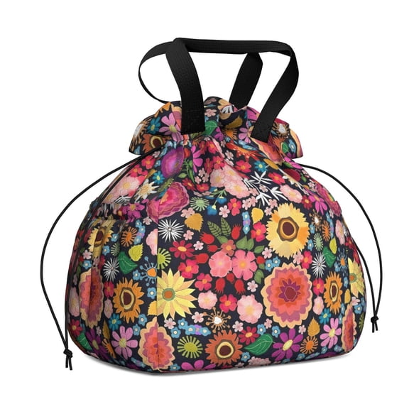 Pioneer Flower Floral Print Pattern Drawstring Lunch Bag Women - Drawstring Lunch Bag Insulated for Work Office - Stain-Resistant Large Lunchbags for Women with Multi-Pockets