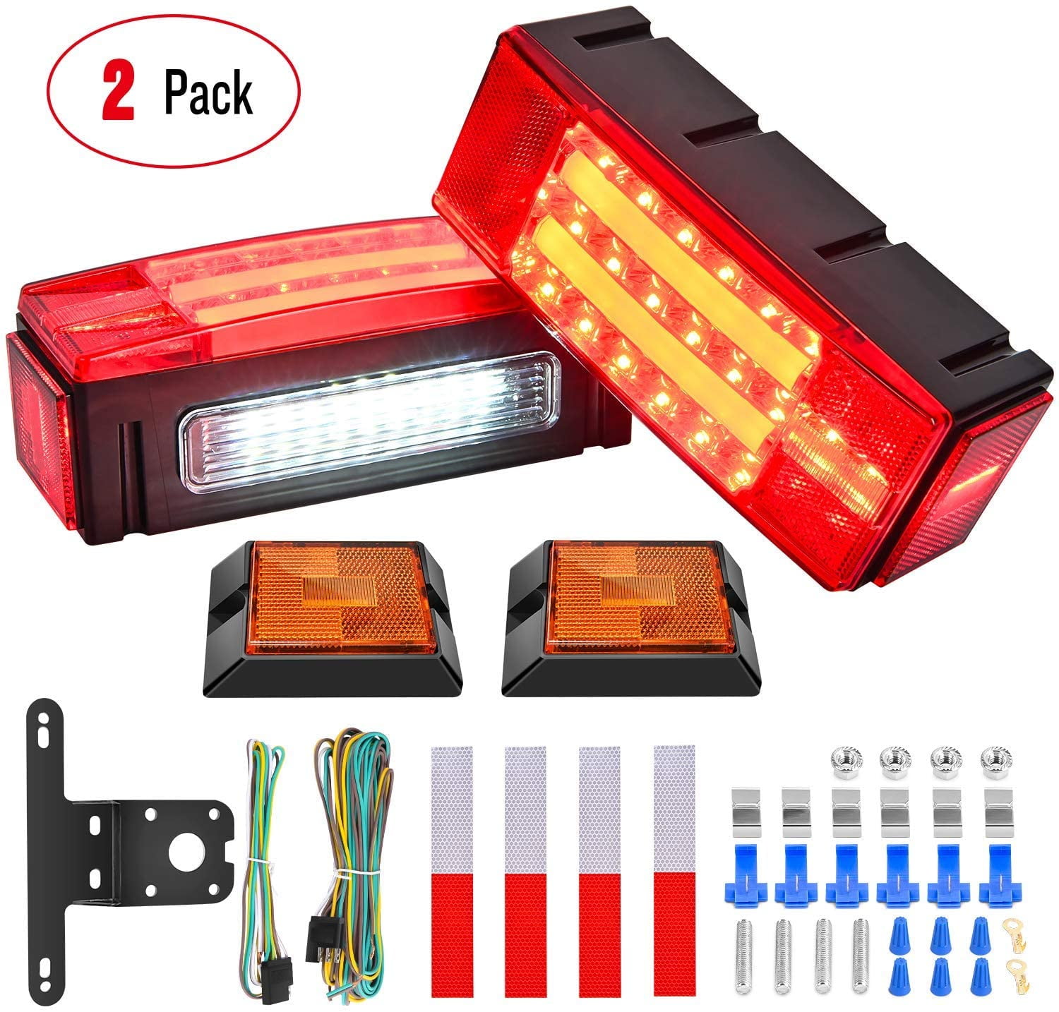 12V Led Halo Boat Submersible Trailer Tail Light Utility Led Trailer Lights and Wiring Kit for Camper Truck RV Marine Snowmobile Under 80 Inch IP68 Waterproof Halo Square Trailer Light 