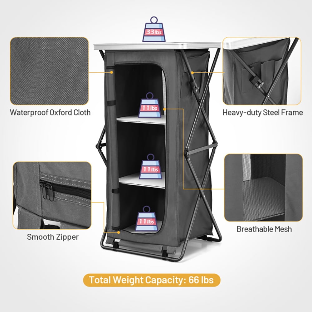 Aimee Lii Folding Camping Storage Cabinet with 3 Shelves and Carry Bag, Easy Set Up Portable Camping Kitchen, Gray-L