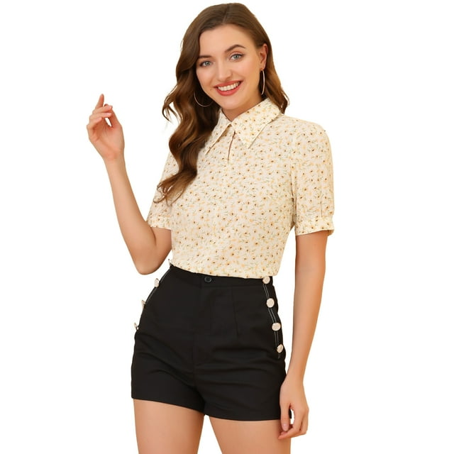 Unique Bargains Blouse pour Femmes Col Rabattu Fendu Manches Bouffantes Chemise en Chiffon