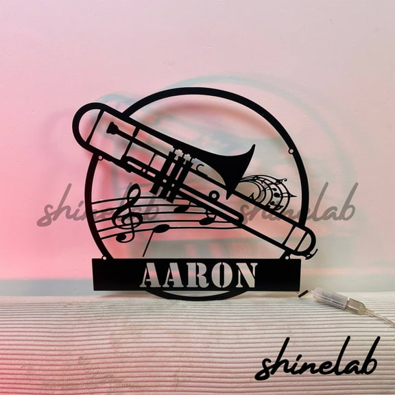 Shinelab Trombone Metal Sign LED Wall Art, Custom Brass Musical Instrument Wall Decor 9313