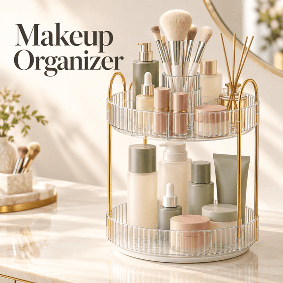 OZERA 360 Rotating Makeup Organizer, 2‑Tier Large Capacity Countertop Cosmetics Storage, Skincare Perfume Vanity Organizer for Bathroom, Clear
