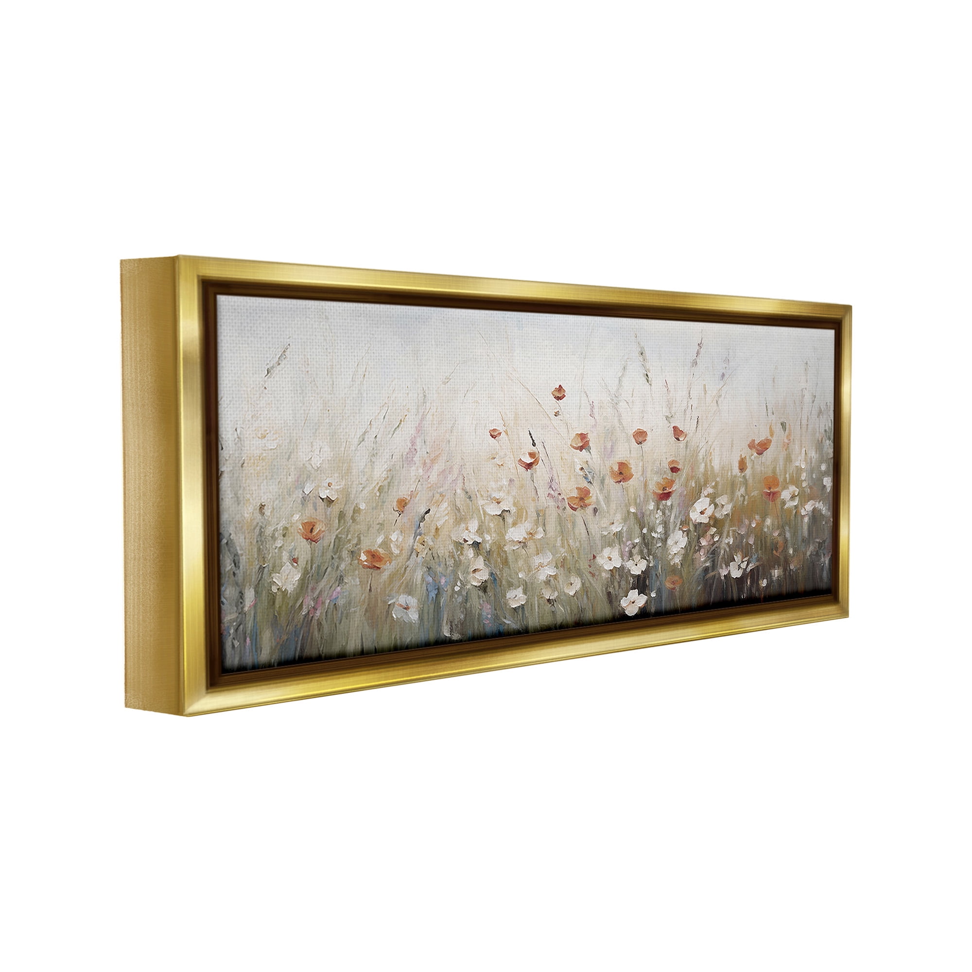 Stupell Industries Neutral Poppy Blooms Botanical & Floral Painting Gold Floater Framed Canvas Art Print Wall Art, 31 x 14