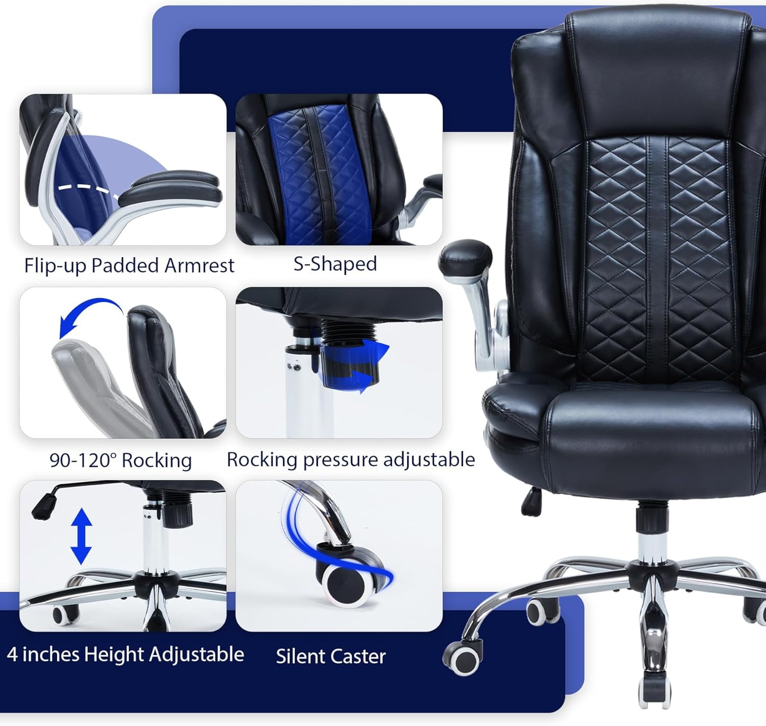 HESL Office Chair with Flip-Up Arms, Big and tall Office Chair with Rocking Mode, Desk Chair, Black