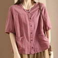 thumbnail image 2 of MIXUE Womens Summer Tops Summer Linen Solid Color Round Neck Button Up Short Sleeve Pocket Casual Vintage Cardigan T Shirts Holiday Wear,Red,XXL, 2 of 6