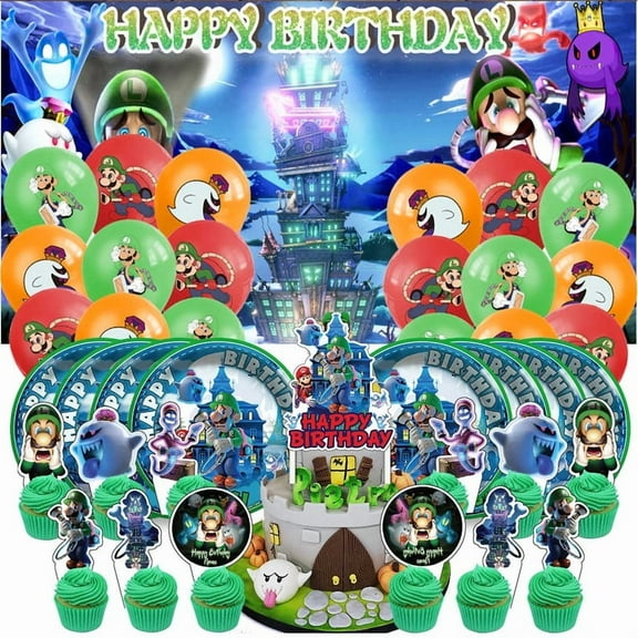 Luigi Mansion Birthday Party Supplies Balloons Paper Plates Decoration Cake Topper Decor Tableware Banner Backdrop