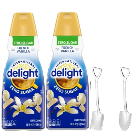 Candy Freezer Int'l Delight Shelf-stable Non-dairy Liquid Coffee Creamer.- Pack of Two (2) 32 fl oz Bottles (French Vanilla Zero Sugar) with Shovel Spoon