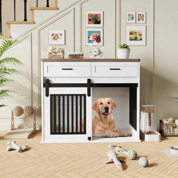 LIZHOUMIL 42" Wooden Dog Crate with Storage, Sliding Barn Door Pet Kennel Furniture