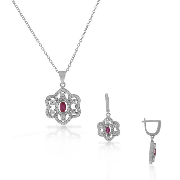 925 Sterling Silver Red Ruby-Tone CZ Chandelier Dangle Earrings Pendant Necklace Set