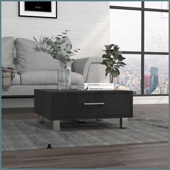 Black Wengue One-Drawer Coffee Table – 23.6'' Square Top, Sturdy Storage for Living Room