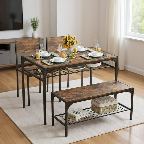 GVN Dining Room Table Set,Dining Table Set,Industrial Style Rectangular Kitchen Table with Bench and Chairs-Rustic Brown