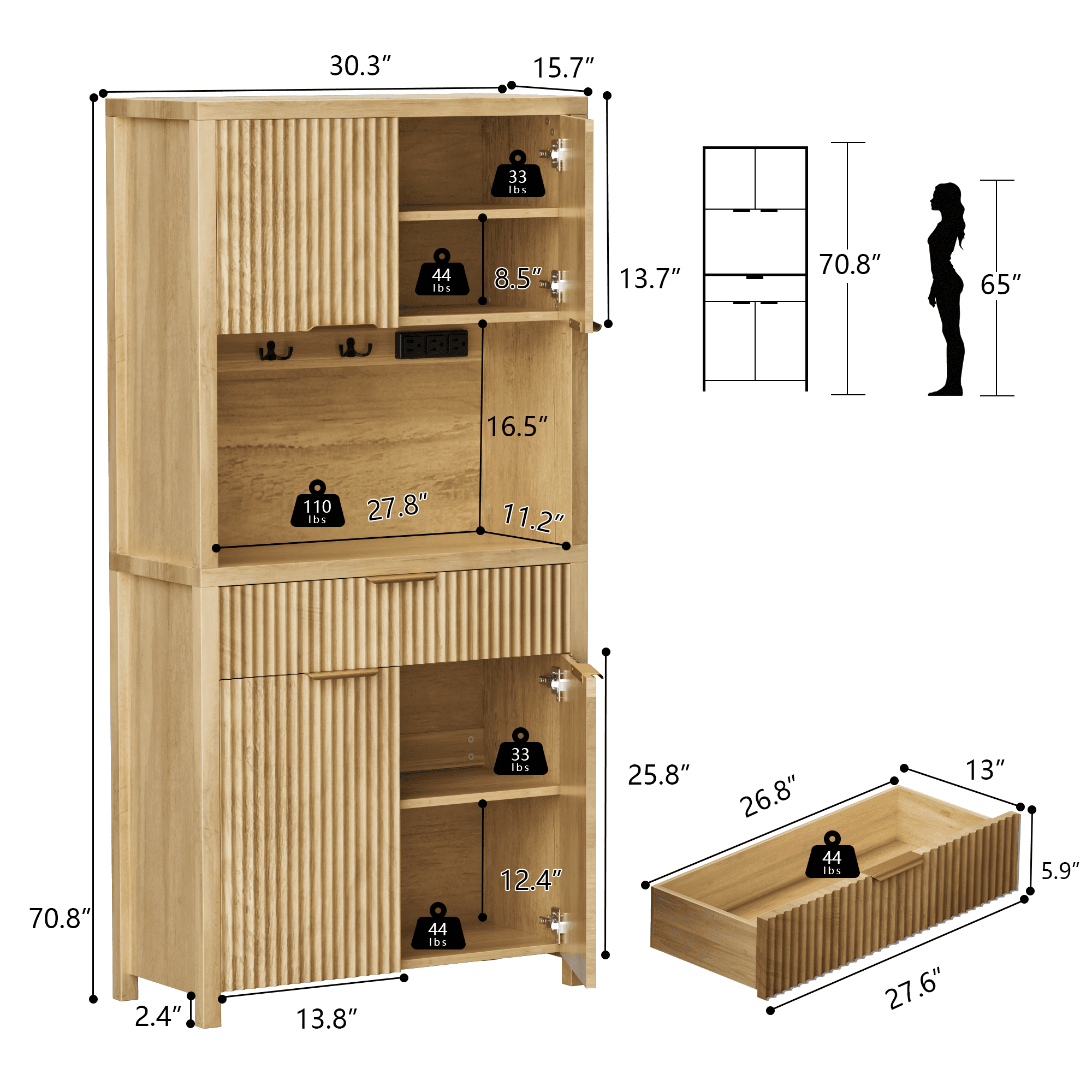 Aufeile 71" Tall Pantry with Drawer and Charging Station, Fluted Pantry Storage Cabinet with Adjustable Shelves for Kitchen Dining Room Living Room, Natural Oak