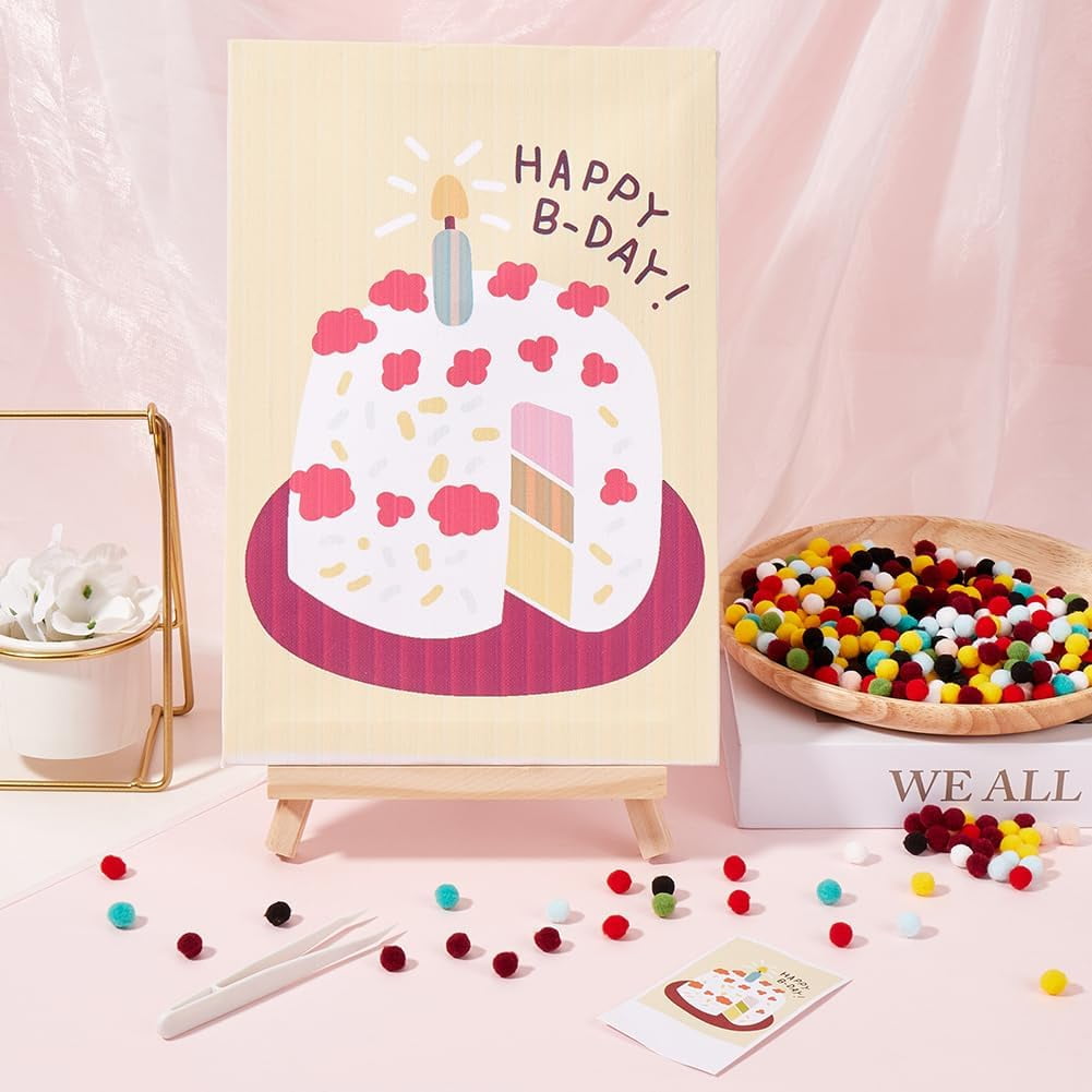 Pom Pom Painting Art Colorful Small Fluffy Balls Birthday Cake Drawing Board Pom Pom Pictures Craft with Wood Easels Photo Frame Pompoms Art Kit