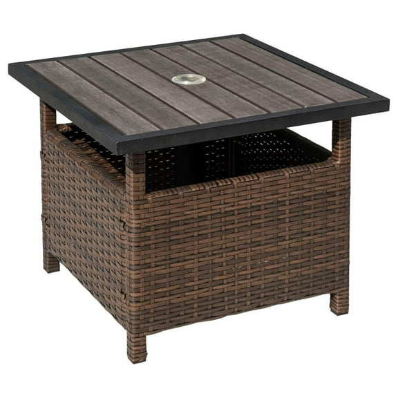 DyGTyX Small Patio End Table with 1.89 Inch Umbrella Hole, Outdoor Rattan Wicker Side Tables, Umbrella Base Table - Steel, Wood
