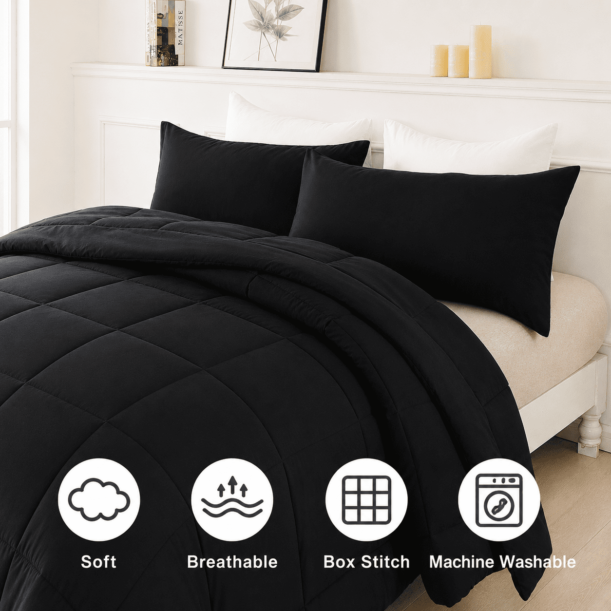 YEPCLUB 3-Piece Queen Size Comforter Set, Black Down Alternative Reversible Bedding Set, All-Season Quilted Soft Comforter with Pillowcases